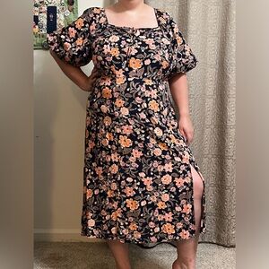 Old Navy Navy and Pink Floral Midi Dress with Bubble Hem Sleeves